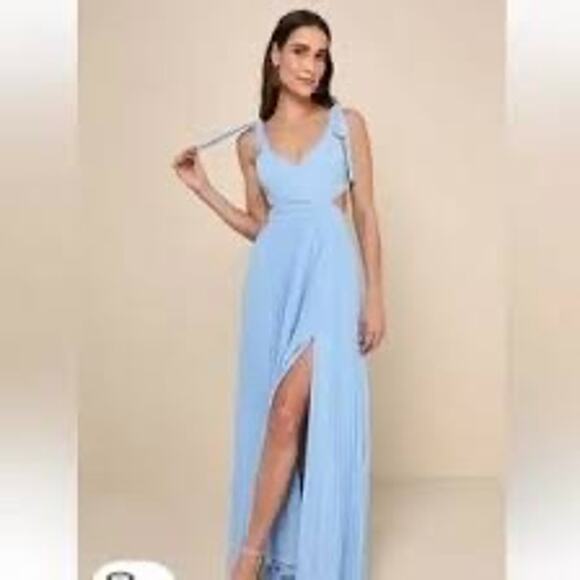 NWT Lulus Celebratory Allure Powder Blue Pleated Backless Maxi Dress Wedding L - Picture 1 of 9